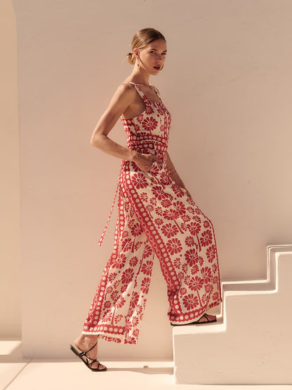 Mono de tirantes con estampado geométrico floral de satén para vacaciones