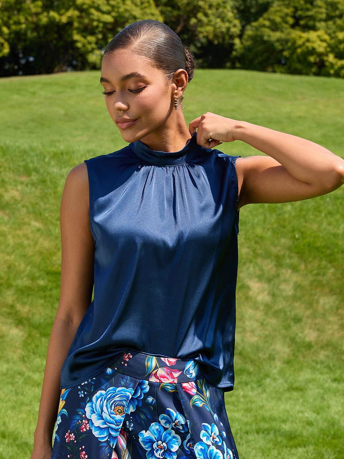 Sapphire Rose Garden Silky Satin Sleeveless Top