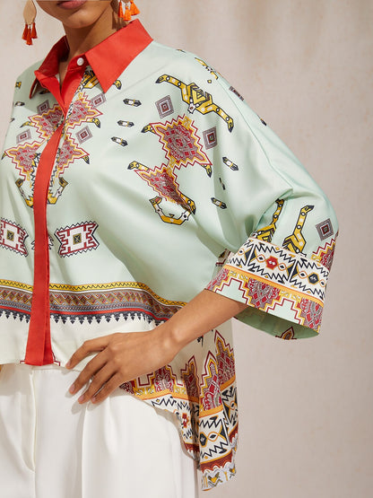 Pastel Floral Garden Satin Dolman Sleeve Button Down Shirt