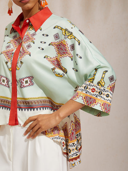 Mallorca Blossom Silky Satin Dolman Sleeve Button Down Shirt