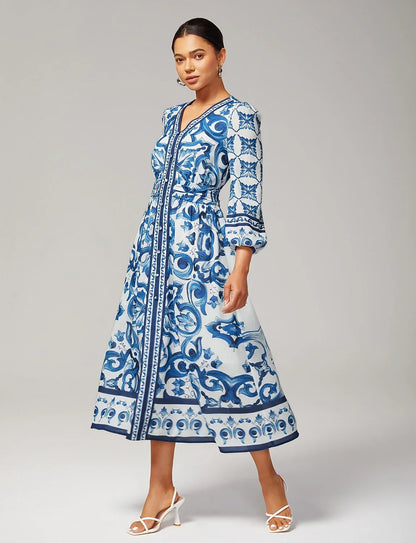 Porcelain Print V Neck Slim Fit Maxi Dress