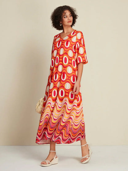 Boho-Style Satin Maxikleid mit Linien und Wellen