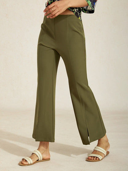 Slightly Stretch Fine Rib Cropped Flared Pants