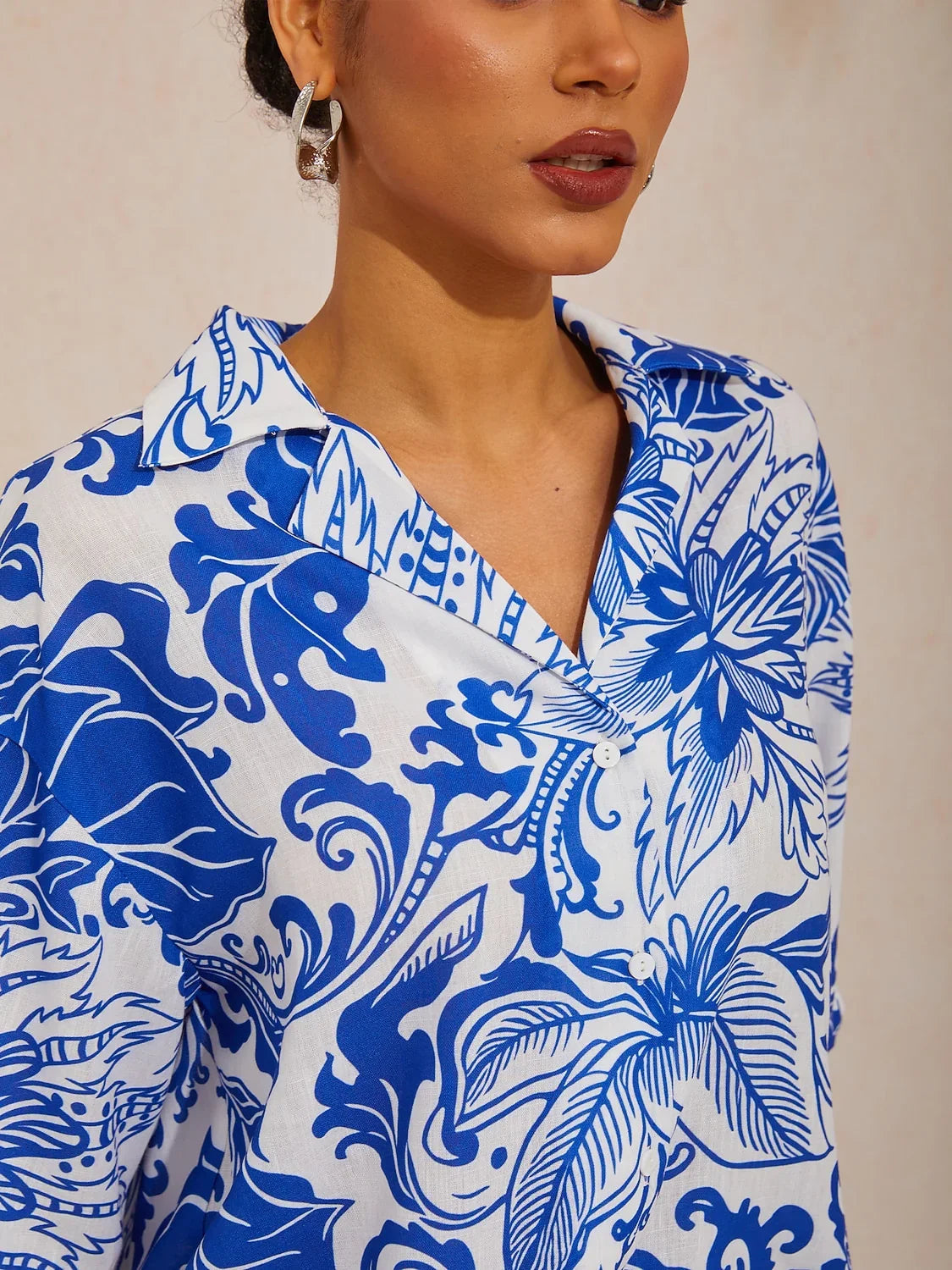 St Barth Blooms Airy Linen Look Blue Blouse