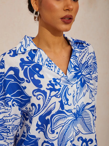 St Barth Blooms Airy Linen Look Blue Blouse