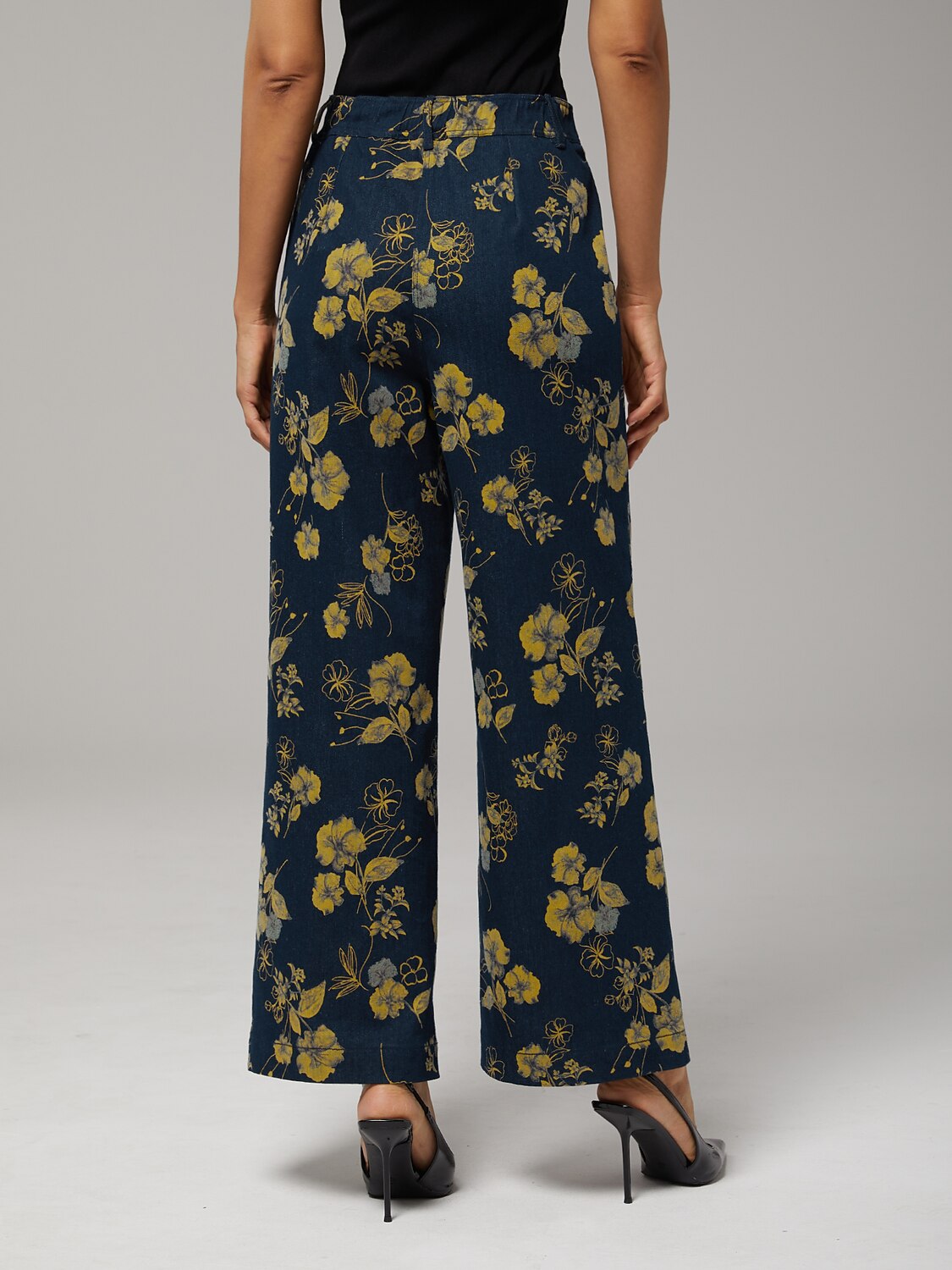 Denim Yellow Floral Print Straight Leg Pants Vacation