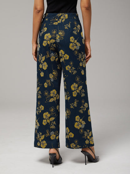 Denim Yellow Floral Print Straight Leg Pants Vacation