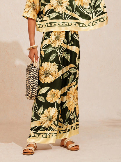 Cream Yellow Petal Silky Satin Wide Leg Pants