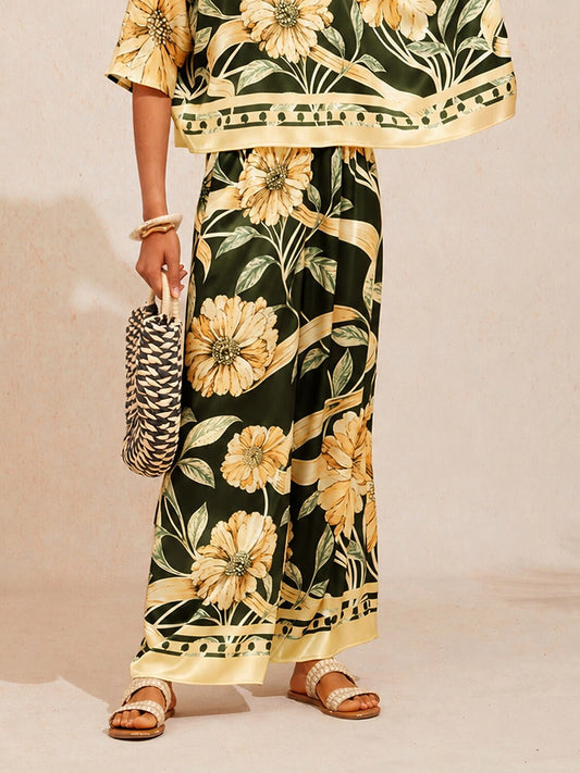 Cream Yellow Petal Silky Satin Wide Leg Pants