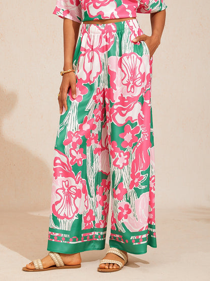 Wild Hibiscus Dream Silky Satin Wide Leg Pants