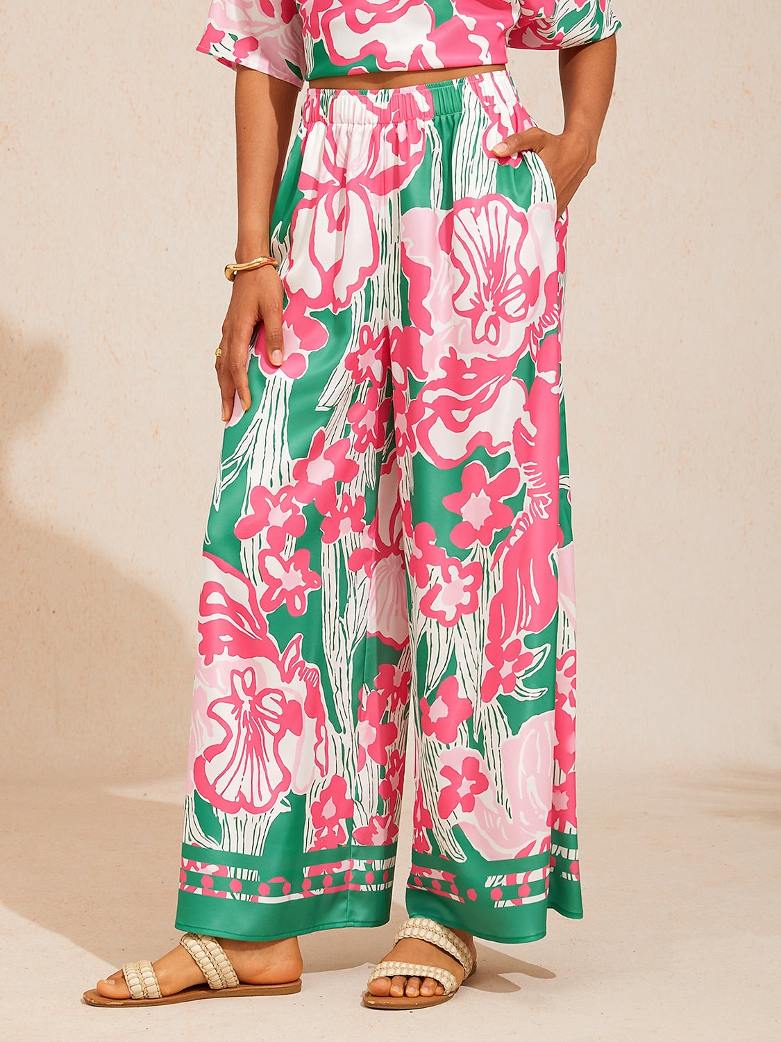 Pastel Floral Garden  Satin Wide Leg Pants
