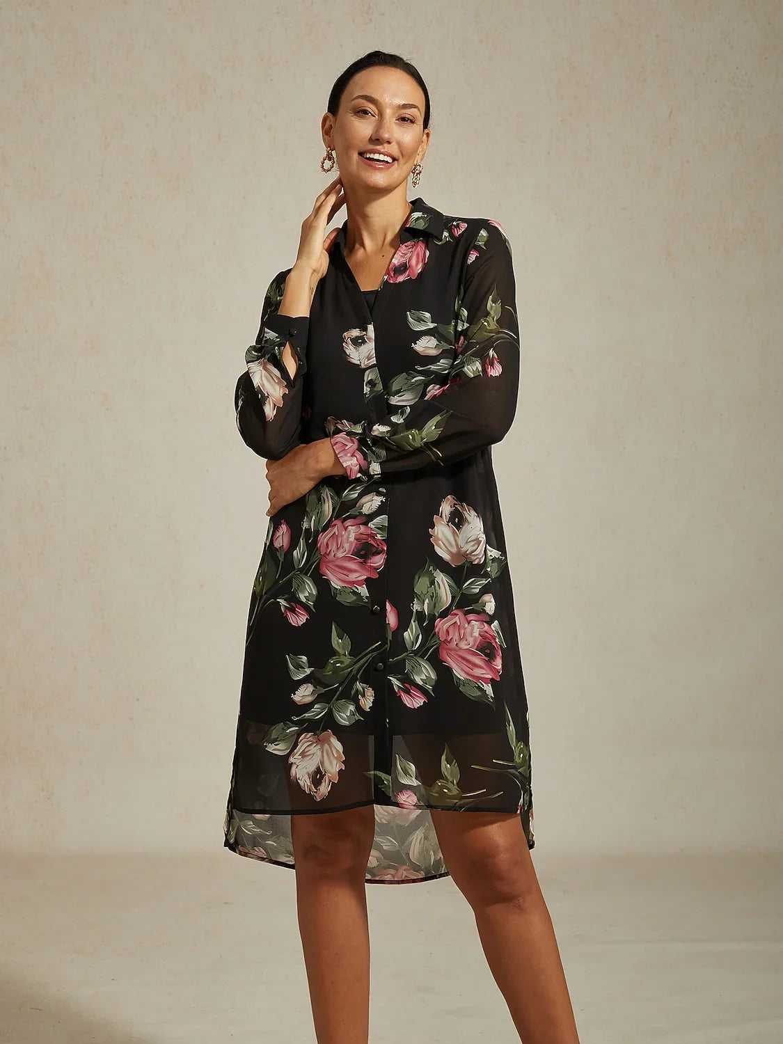 Chiffon Black Floral Print Shirt Mini Dress