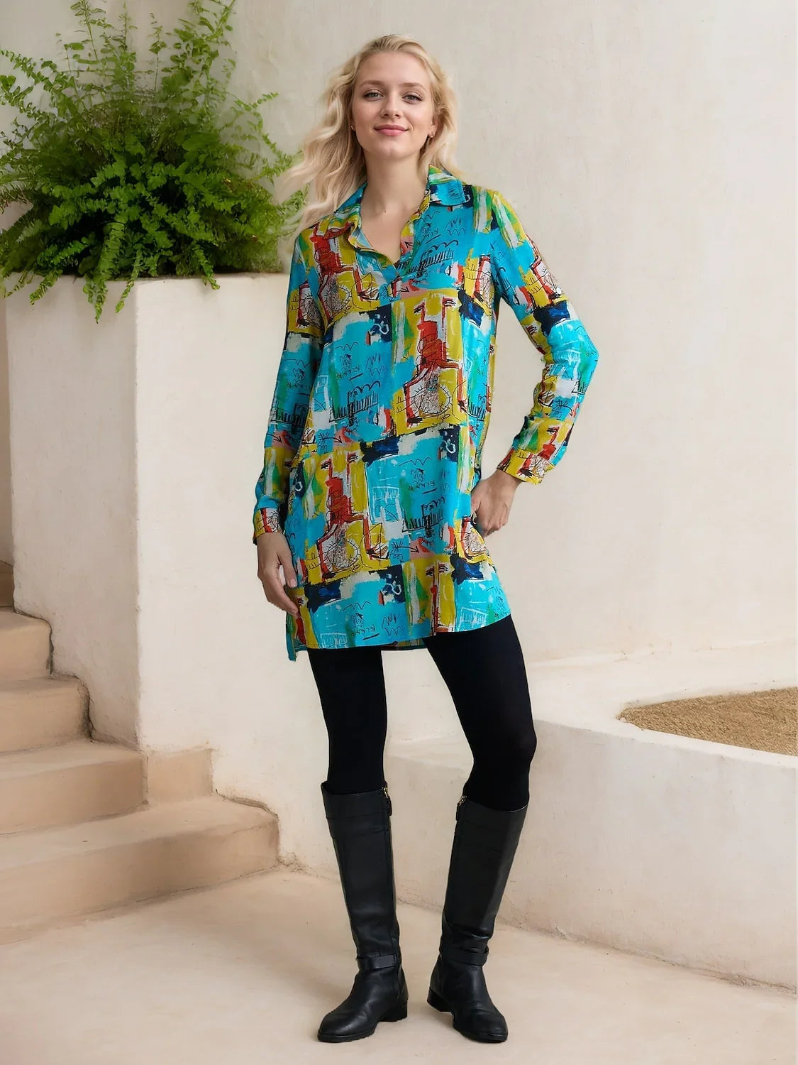 Rayon Graffiti Cuff Lapel Shirt Mini Dress