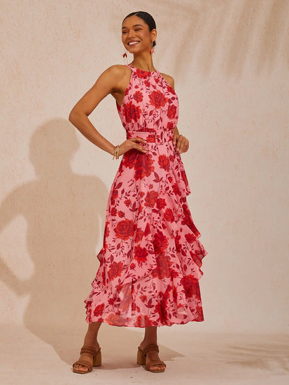 Spring Blooms Flowy Chiffon Waist-cinching Maxi Dress