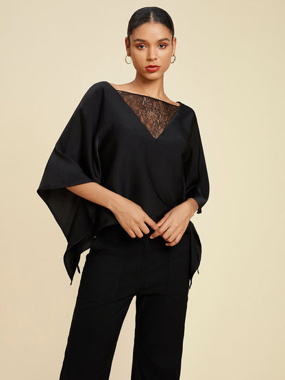 Solid Color Batwing Sleeve Lace Patchwork Satin Blouse