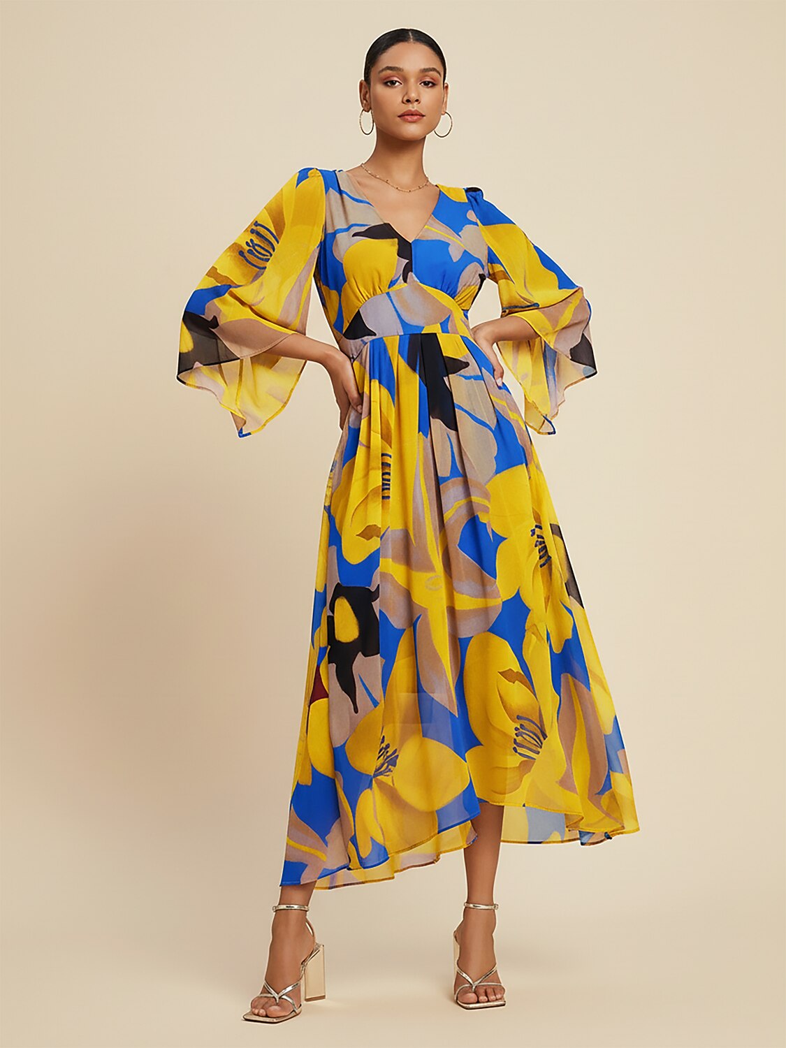 Abstract Floral Print Chiffon Maxi Dress