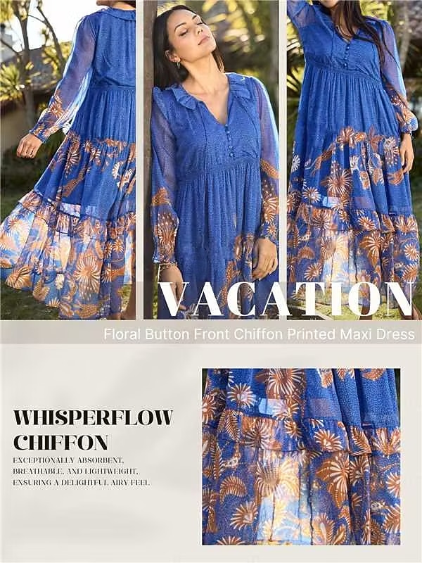 Chiffon Tropical Flowers Puff Sleeve Maxi Dress