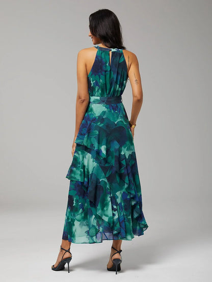 Abstract Floral Ruffle Chiffon Maxi Dress
