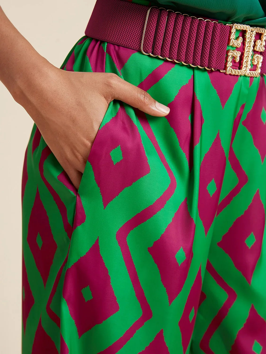 Satin Pocket Geometric Print Micro-elastic Straight Pants