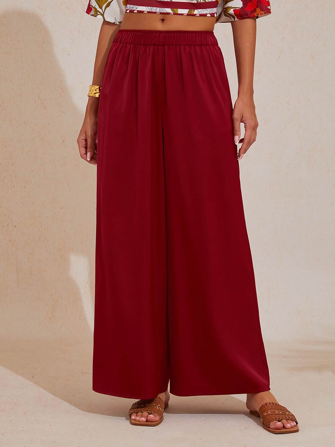 Silky Satin Red Elastic Waist Wide Leg Pants