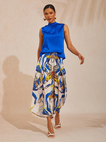 Ocean Blue Orchid Silky Satin Wide leg Pants