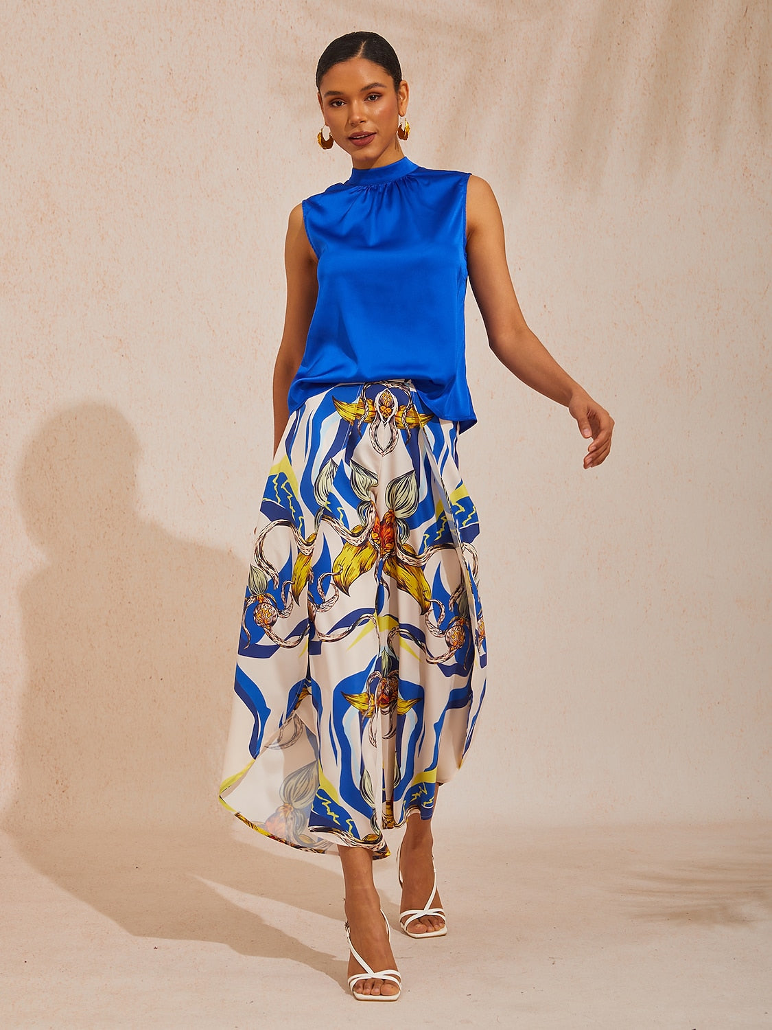 Hawaii Palm Satin Slit Wide Leg Pants