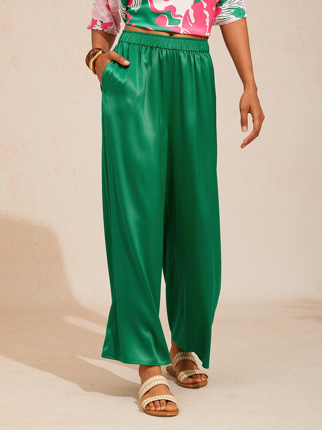 Silky Satin Green Elastic Waist Wide Leg Pants