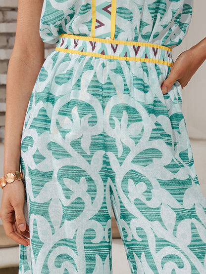Casual Folk Print Linen Like Wide Leg Pants