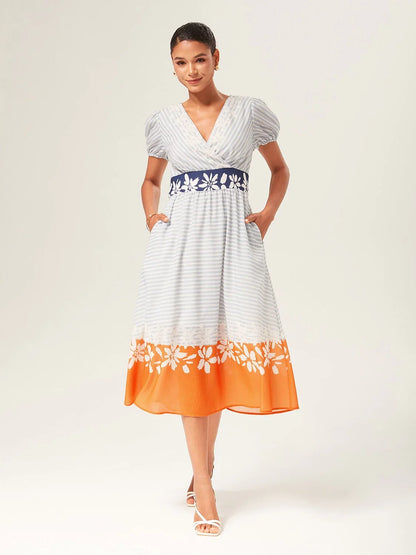Linen-Like Striped Color Block A-Line Midi Dress
