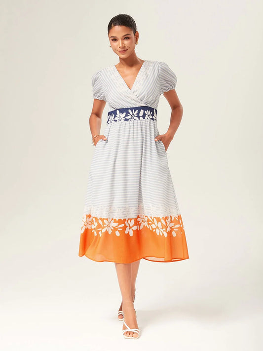 Linen-Like Striped Color Block A-Line Midi Dress