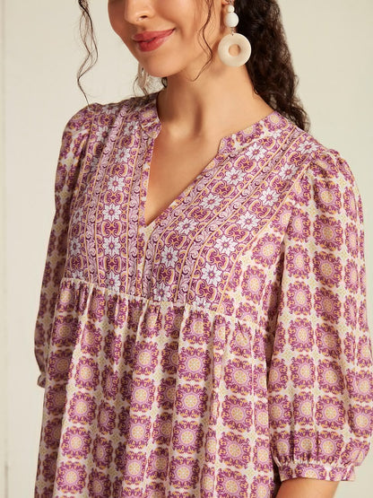 Chiffon Ethnic Floral Print Half Sleeve V-Neck Midi Dress