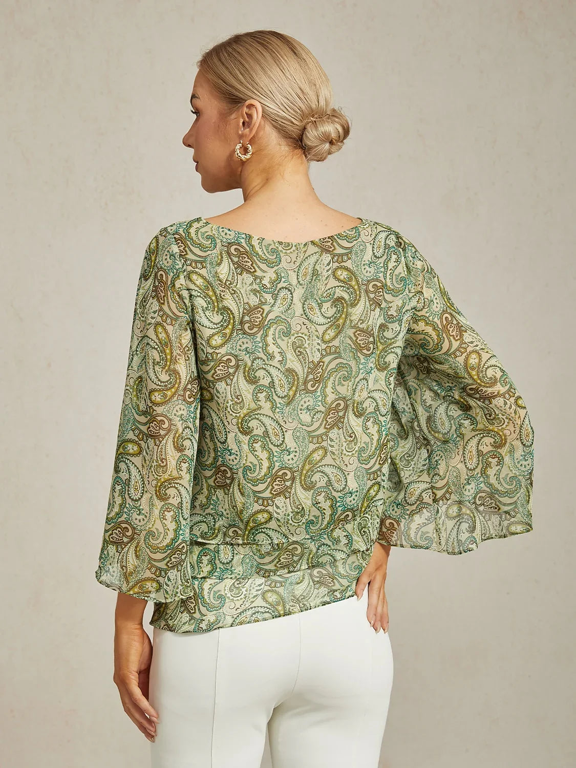 Chiffon Green Paisley Floral Loose Fit Round Boat Blouse