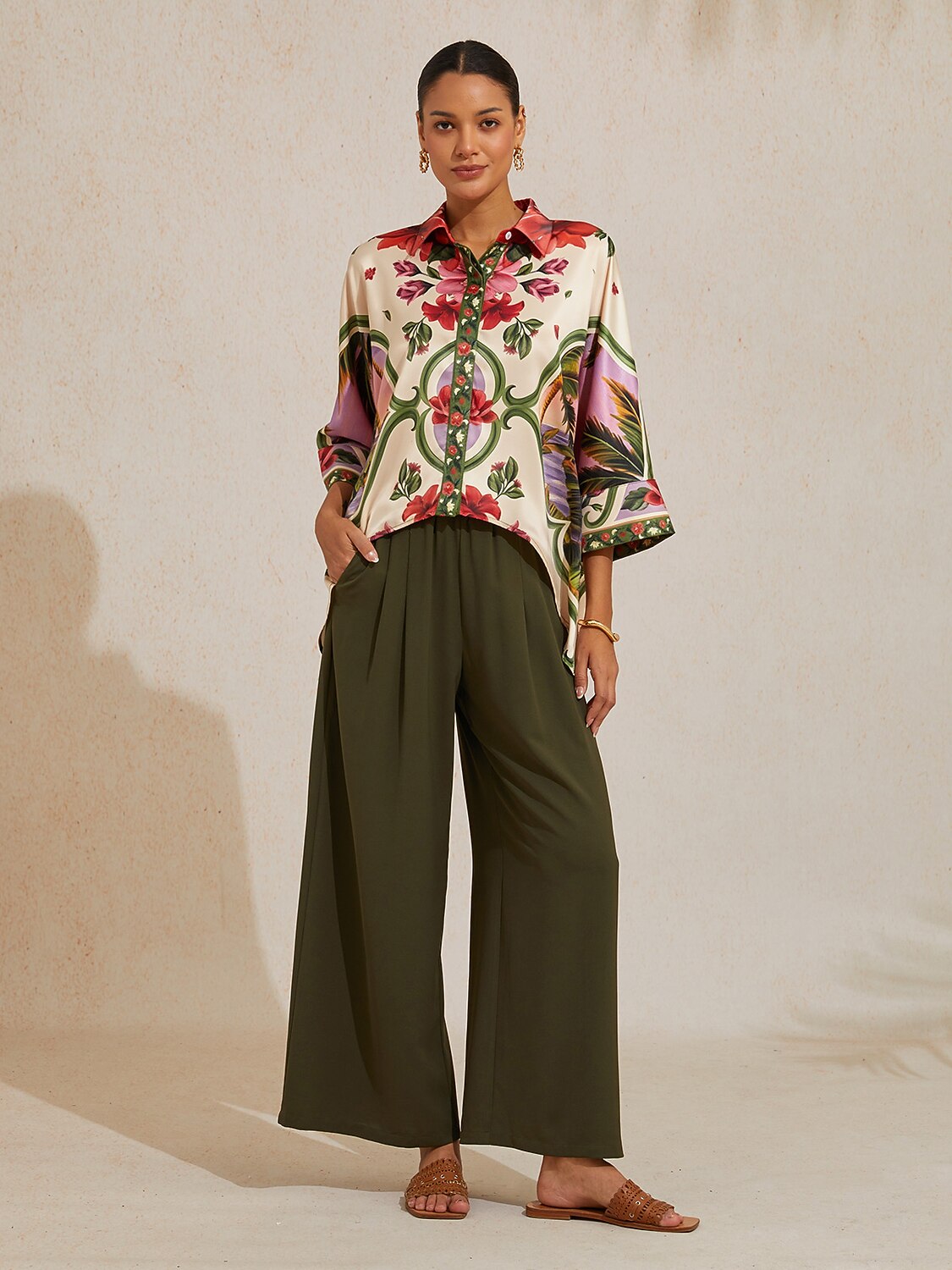 Hawaii Palm Satin Dolman Sleeve Top