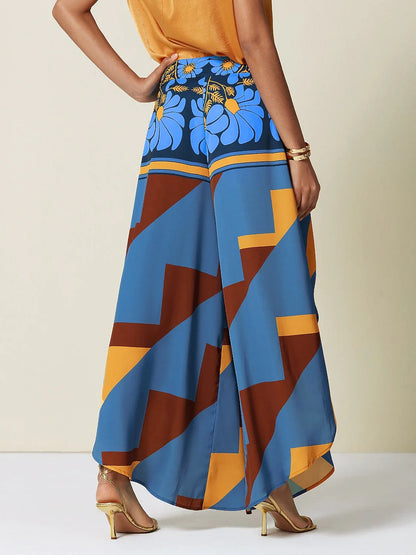 Satin Geometric Print Swing Full Length Micro-Elastic Pants