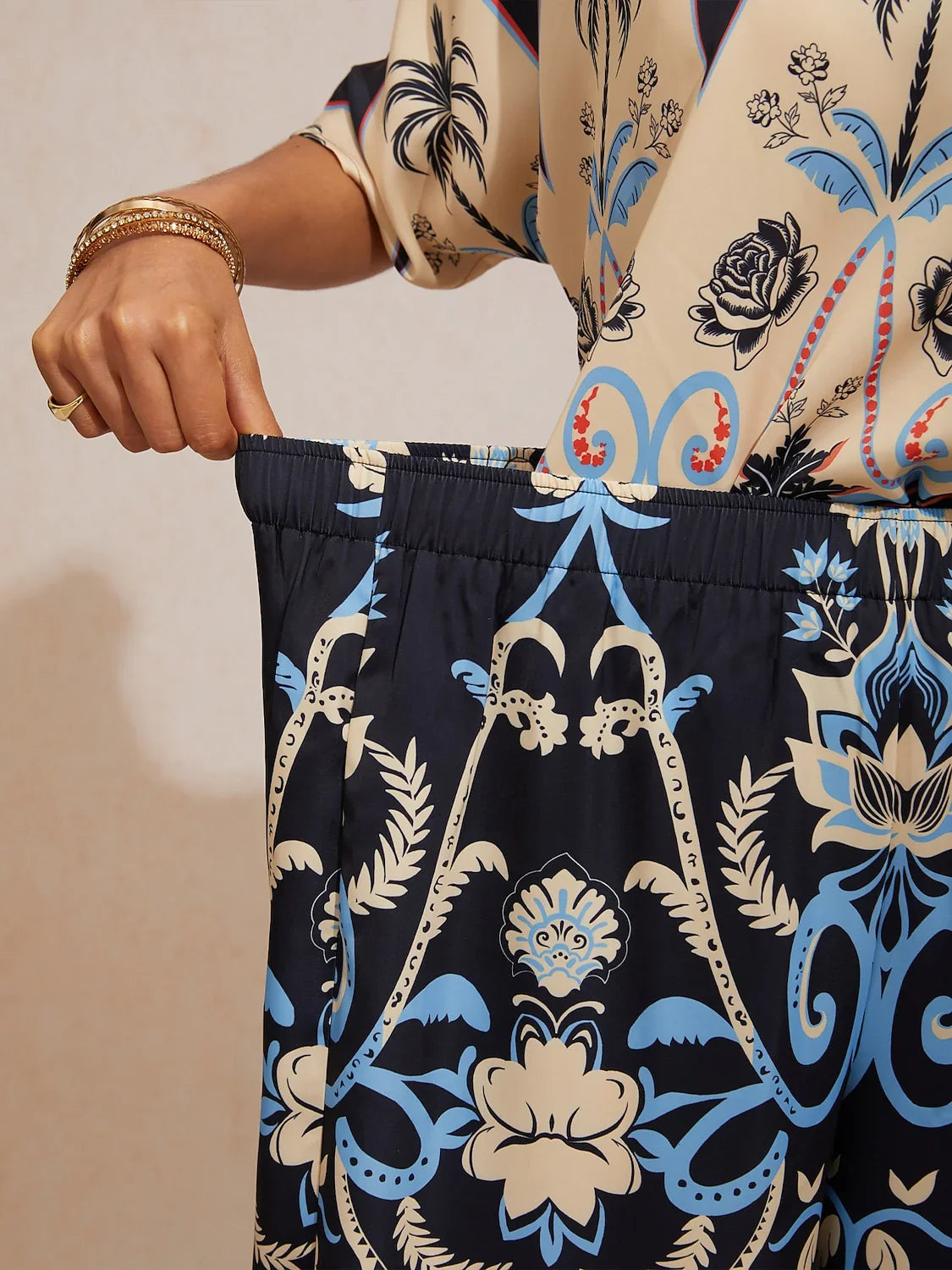 Summer Night Palm Silky Satin Wide Leg Pants