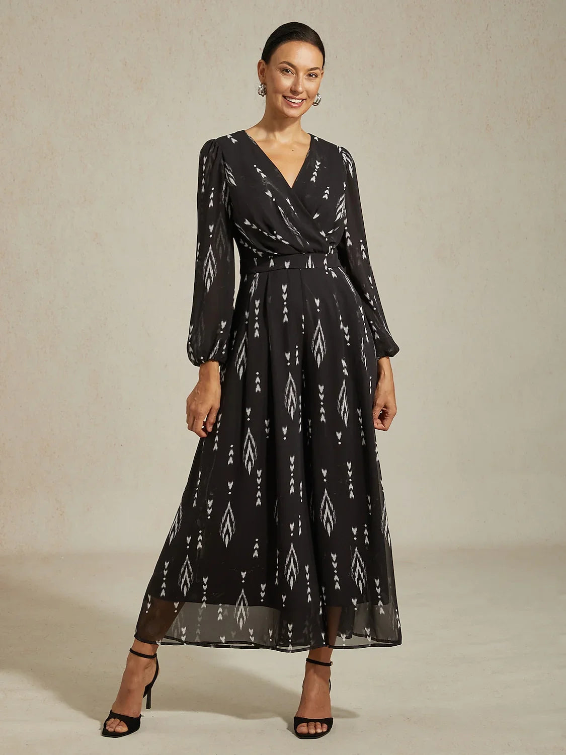 Black Chiffon Geometric Print Wide Leg Waist Cinching Jumpsuit