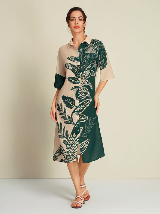Leaf Print Half Sleeve Midi Shirt Dress