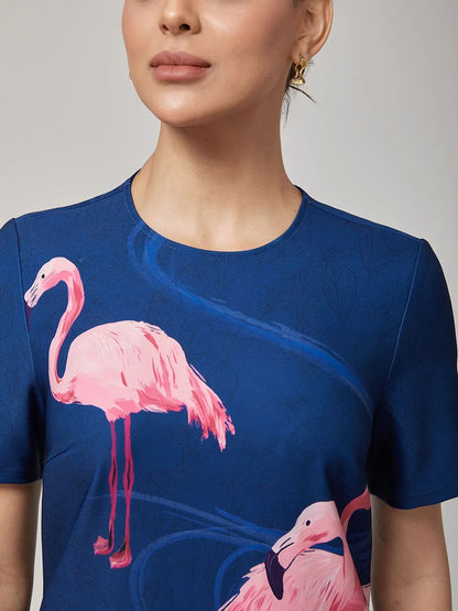 Royal Blue Short Sleeves Flamingo Print Dress