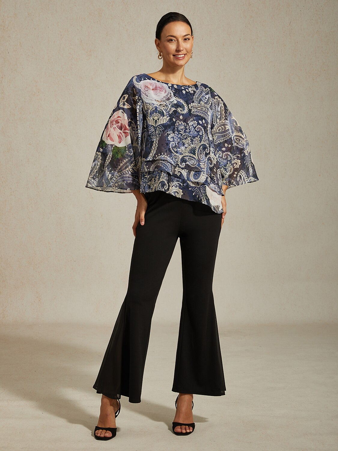 Green Paisley Botanical Print Layered Chiffon Blouse
