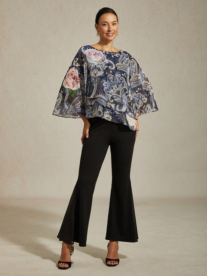 Green Paisley Botanical Print Layered Chiffon Blouse