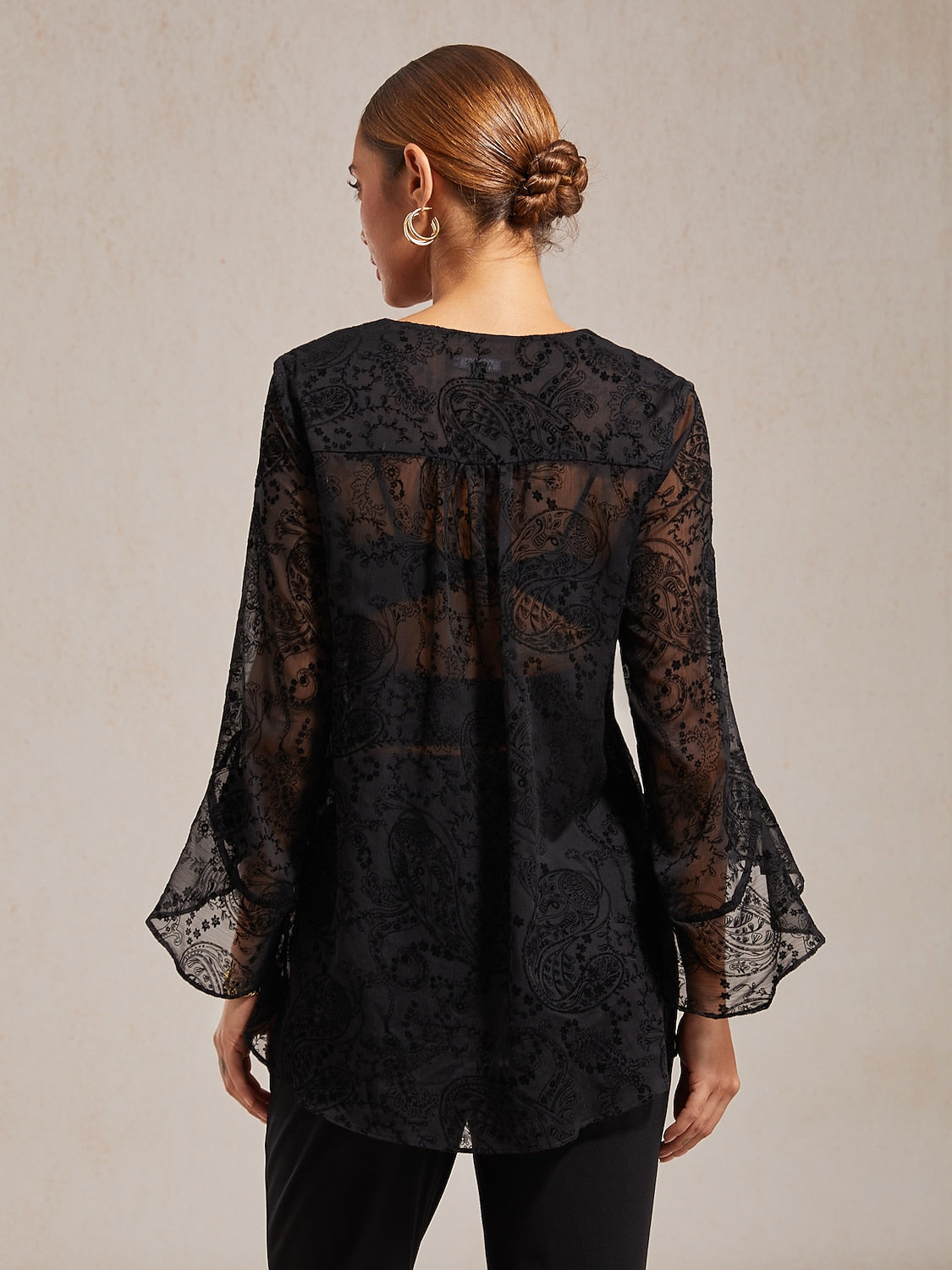 Flocked Chiffon V Neck Sheer Blouse Party Vacation