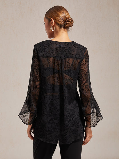 Flocked Chiffon V Neck Sheer Blouse Party Vacation