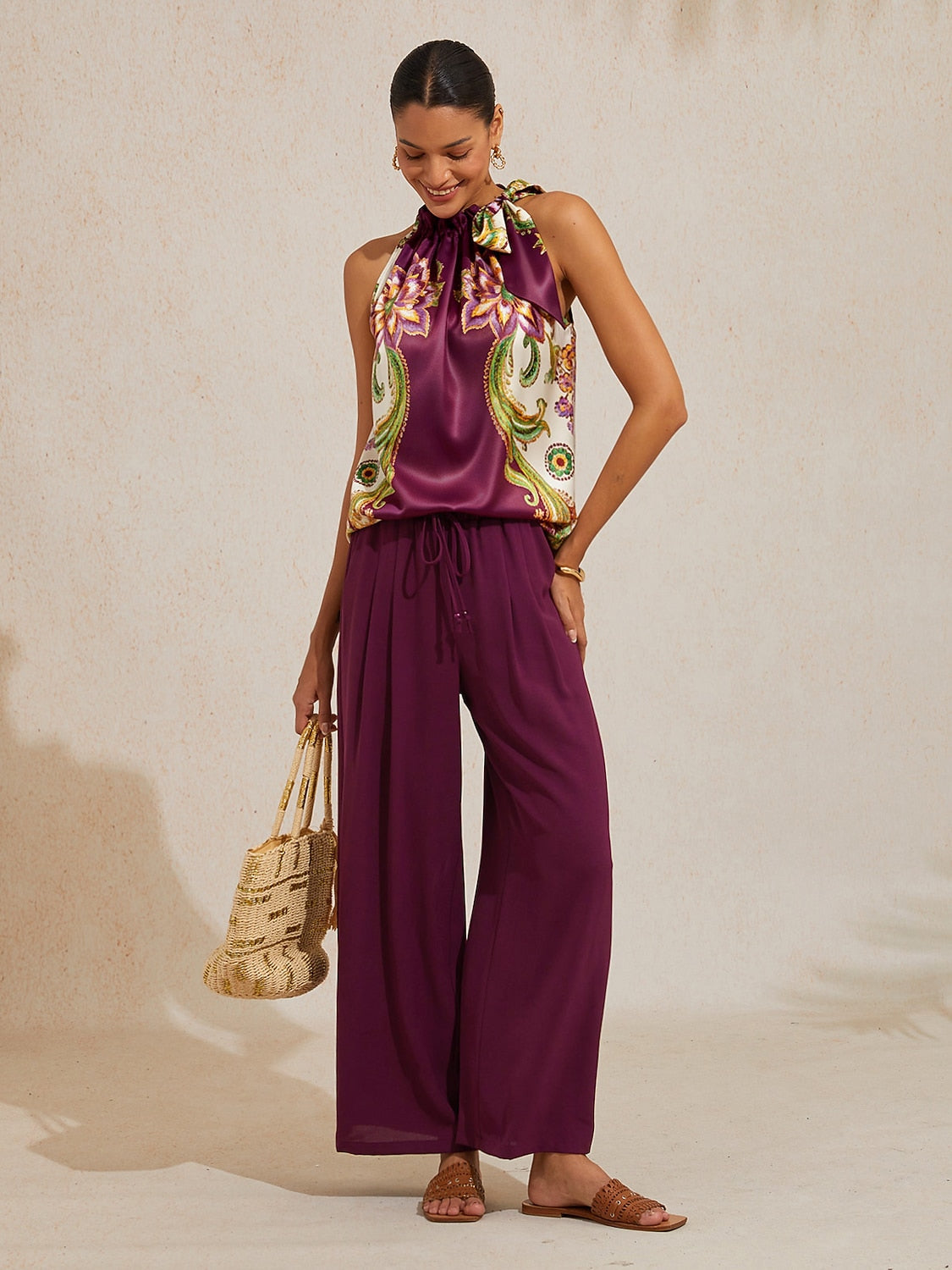 Burgundy Elastic Drawstring Linen Look Wide Leg Pants