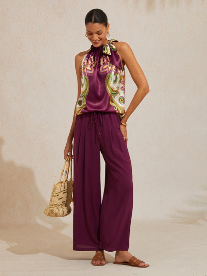 Burgundy Elastic Drawstring Linen Look Wide Leg Pants