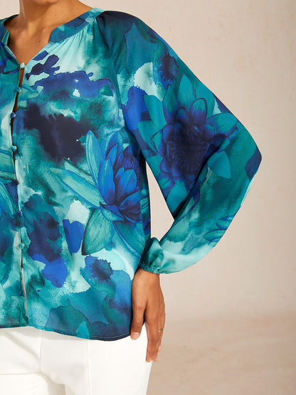 Ocean Bloom Reverie Floral Chiffon Crop Top