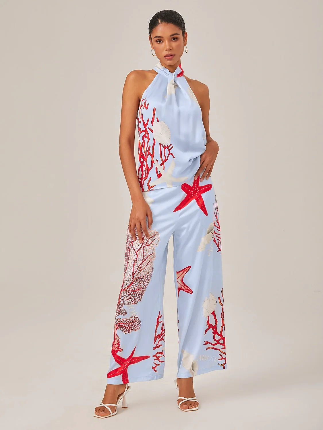 Satin Ocean Inspired Pattern Print Vacation Style Set
