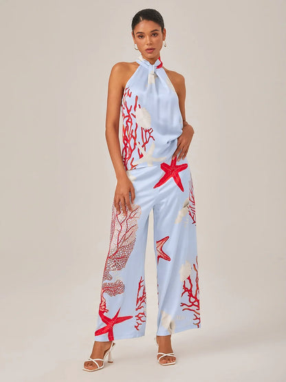Satin Ocean-Inspired Pattern Print Vacation-Style Set