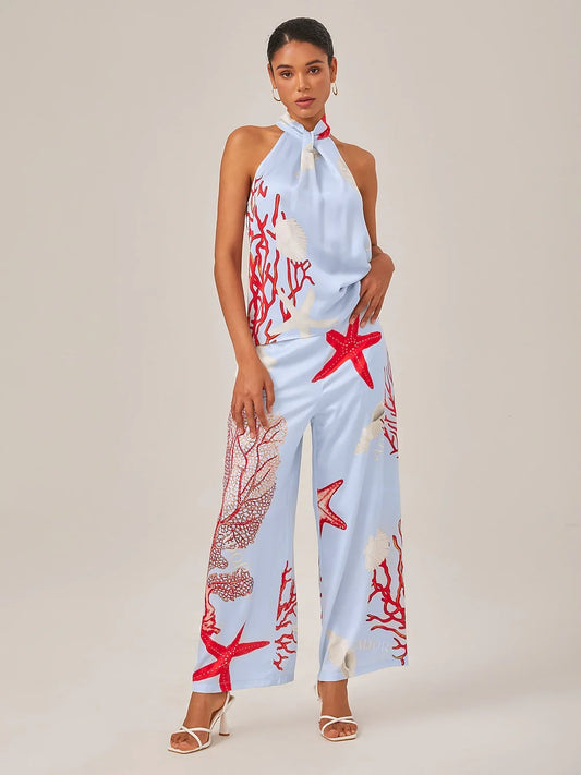Satin Ocean-Inspired Pattern Print Vacation-Style Set