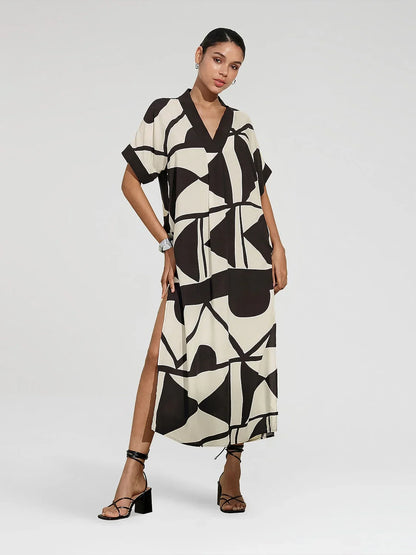 Short Geometric Print Loose Fit Double Slit Maxi Dress