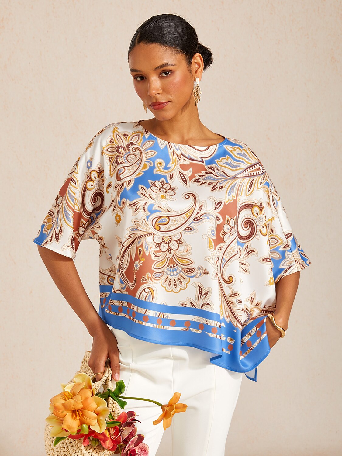 Royal Paisley Flora Silky Satin Dolman Top